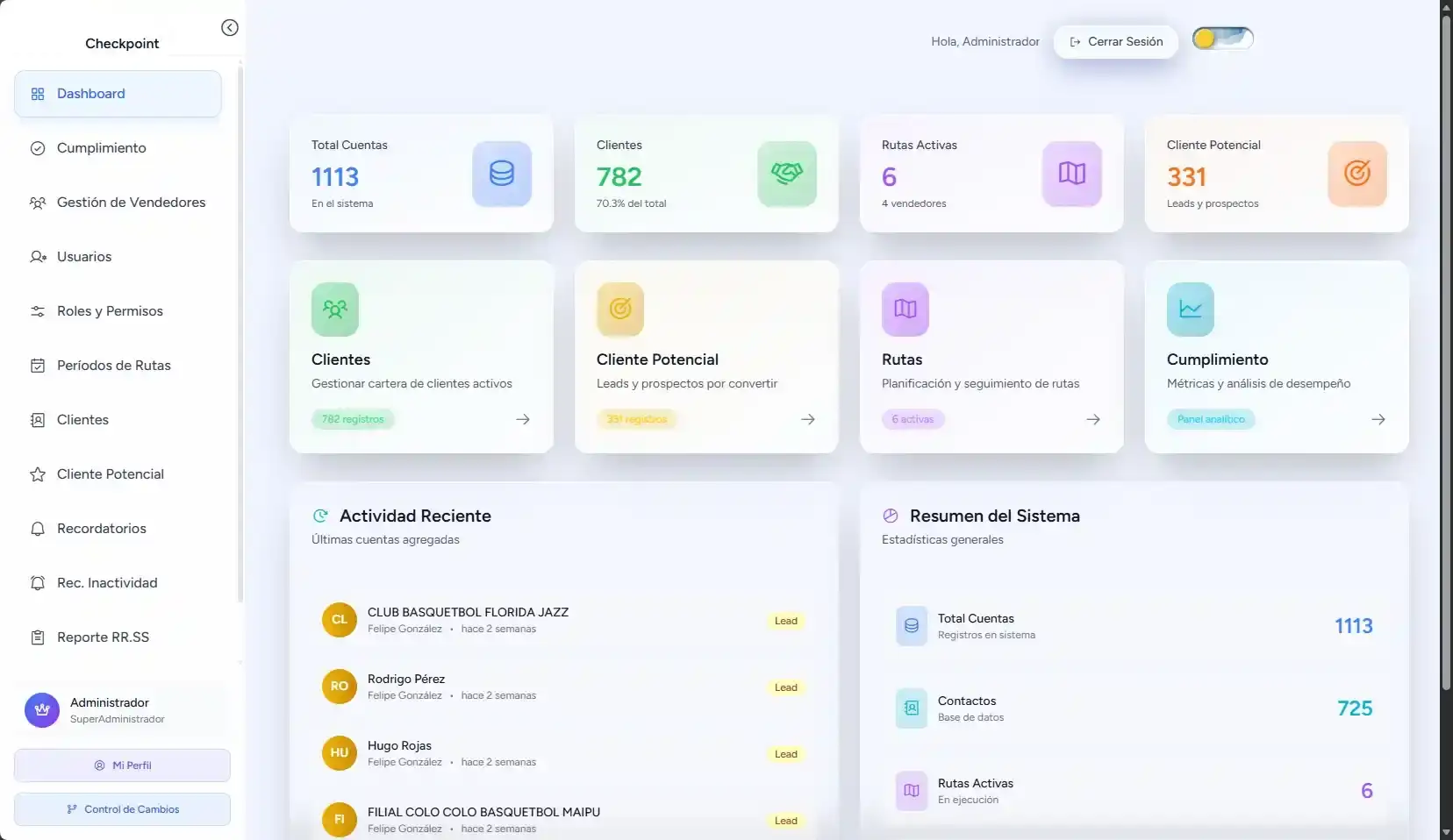 Dashboard de Checkpoint con cuentas, clientes, rutas activas, prospectos y actividad reciente