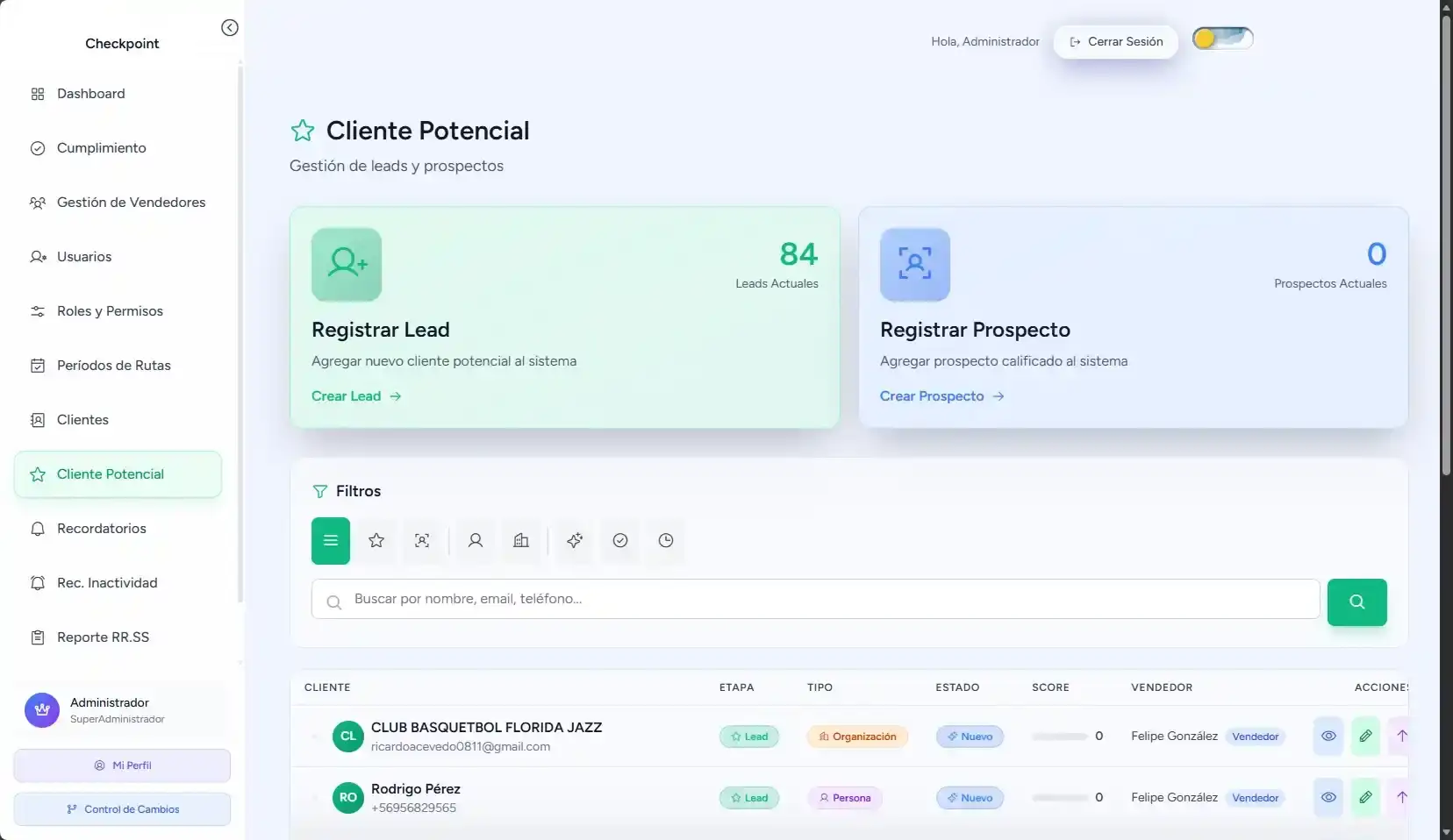Módulo de Checkpoint para registrar, buscar y gestionar leads y prospectos