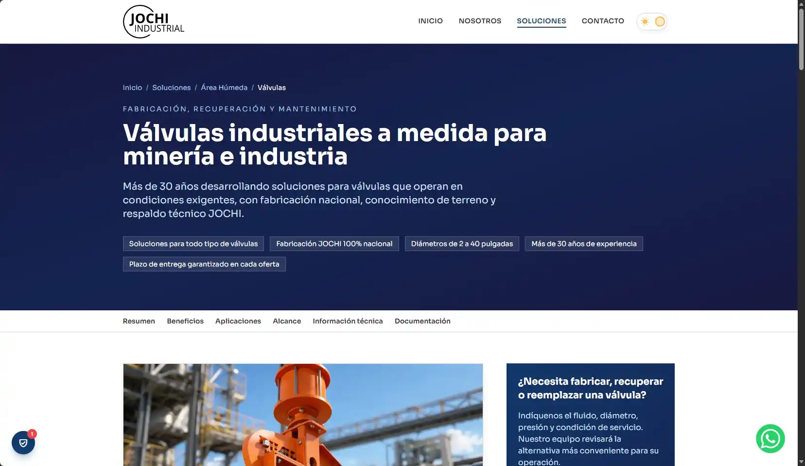 Página de válvulas industriales del sitio web de JOCHI Industrial