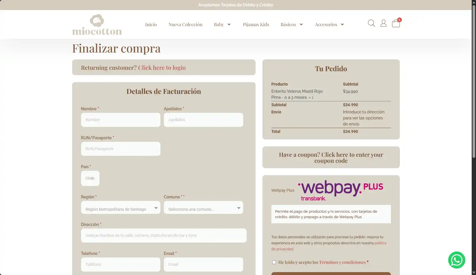 Proceso de compra y pago con Webpay Plus en MioCotton
