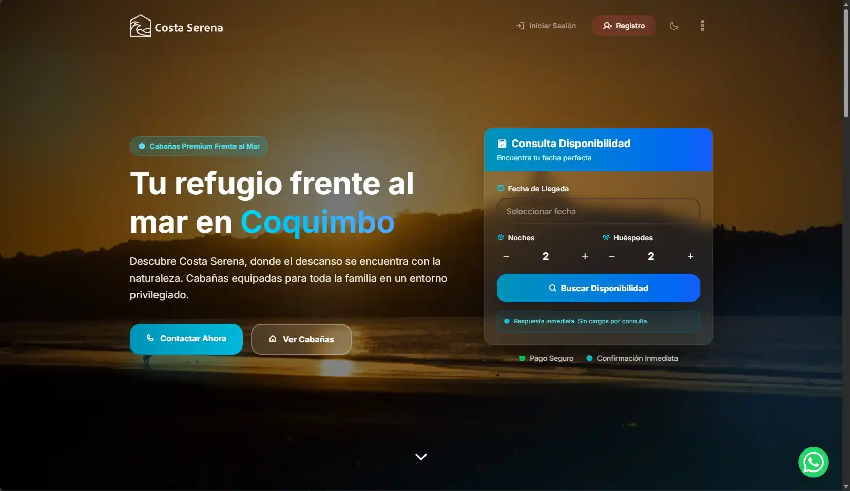 Página de inicio y consulta de disponibilidad de Costa Serena