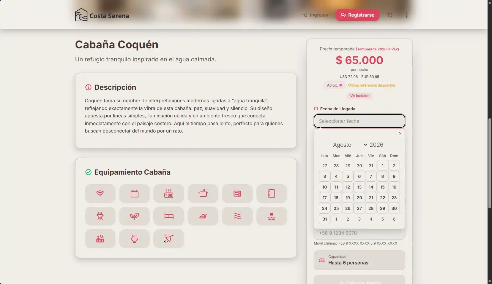 Ficha de cabaña con equipamiento, precio y calendario de reserva