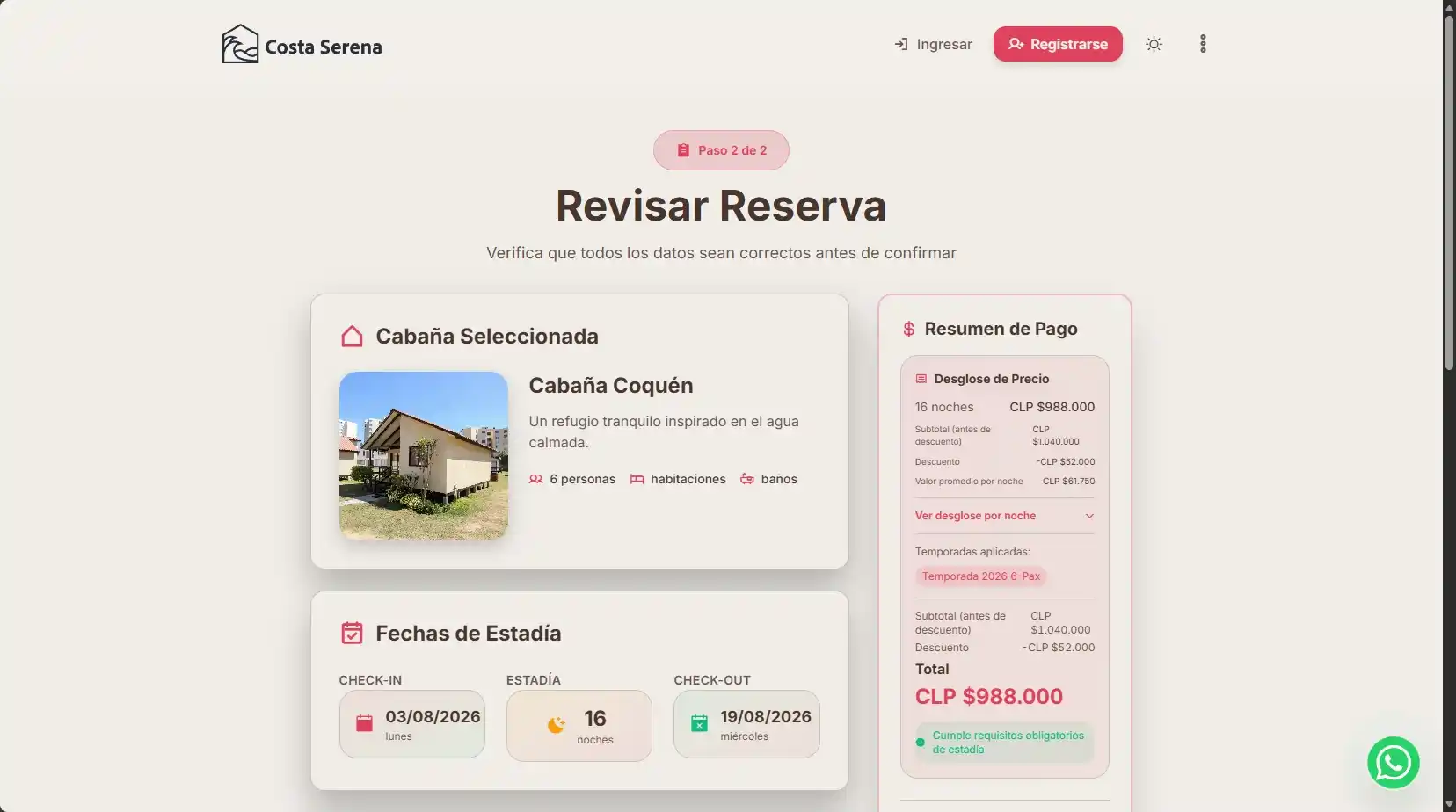 Resumen de cabaña, fechas de estadía y precio de la reserva