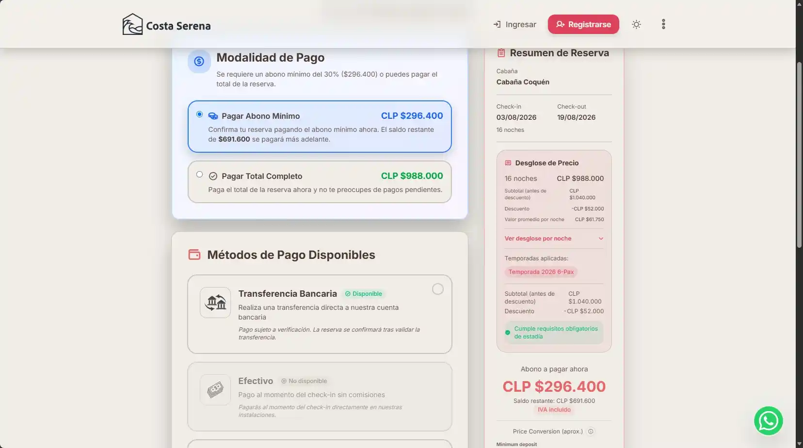 Selección de modalidad y método de pago de la reserva