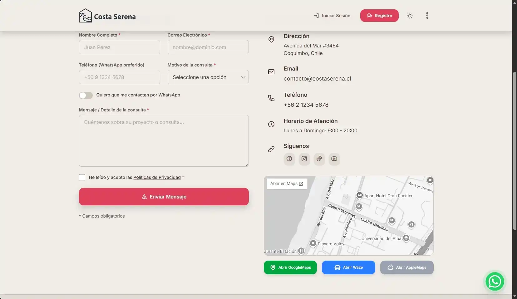 Formulario de contacto, ubicación y accesos de navegación de Costa Serena